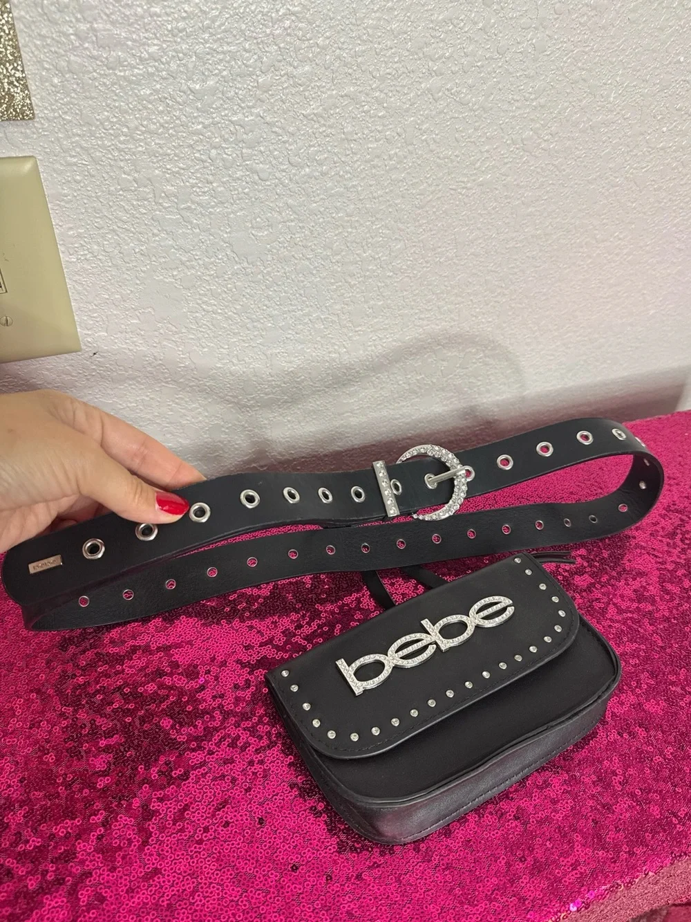 2/for $20 🪩 BEBE x Swarovski Black Studded Belted Fanny Pack (Women’s Size 1X)